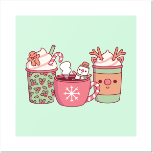 Cute Christmas Coffee Drinks Gingerbread Man, Snowman And Reindeer Posters and Art